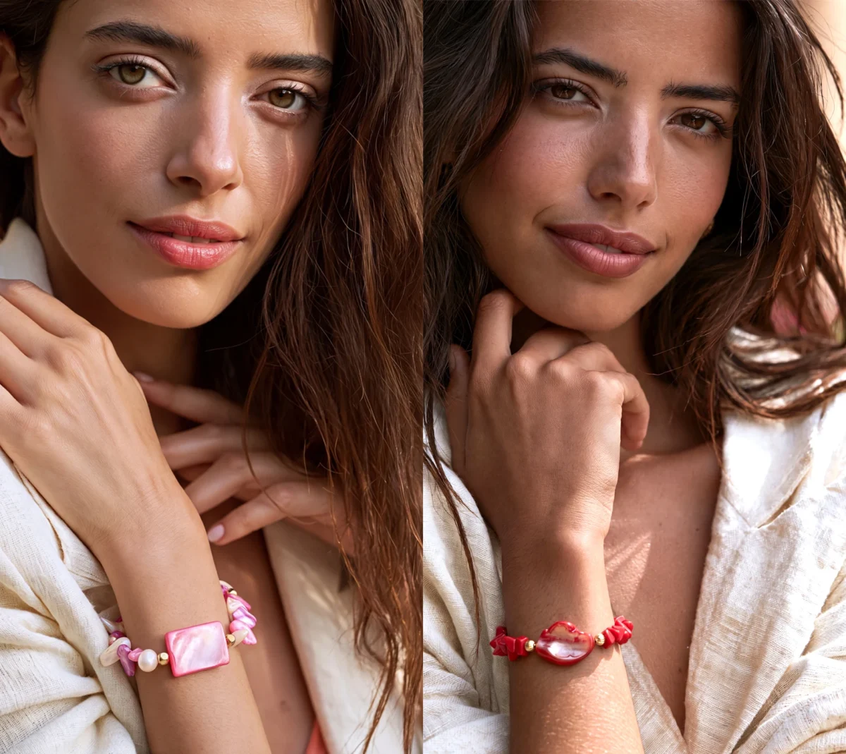 Deux portraits côte à côte : une femme porte un bracelet à plaque rectangulaire de nacre rose, perle d'eau douce et éclats roses ; l'autre un bracelet de corail rouge à plaque de nacre centrale.