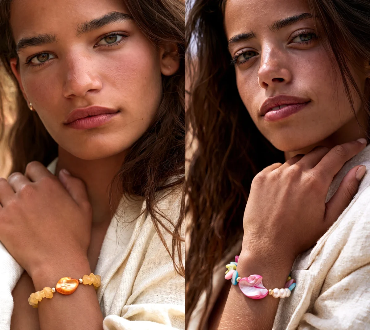 Deux portraits côte à côte : une femme porte un bracelet à plaque de nacre orangée et éclats couleur miel ; l'autre un bracelet multicolore de nacre rose, éclats pastel et perles d'eau douce.