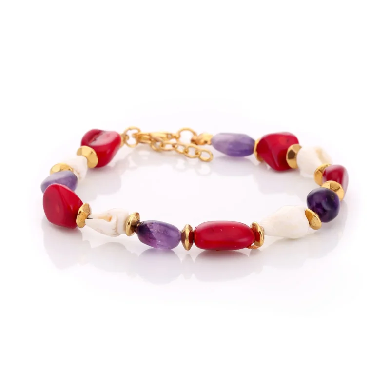 Bracelet en coquillages, corail et améthyste
