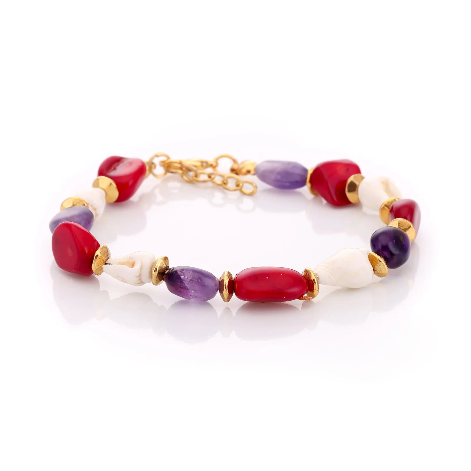 Bracelet en coquillages, corail et améthyste