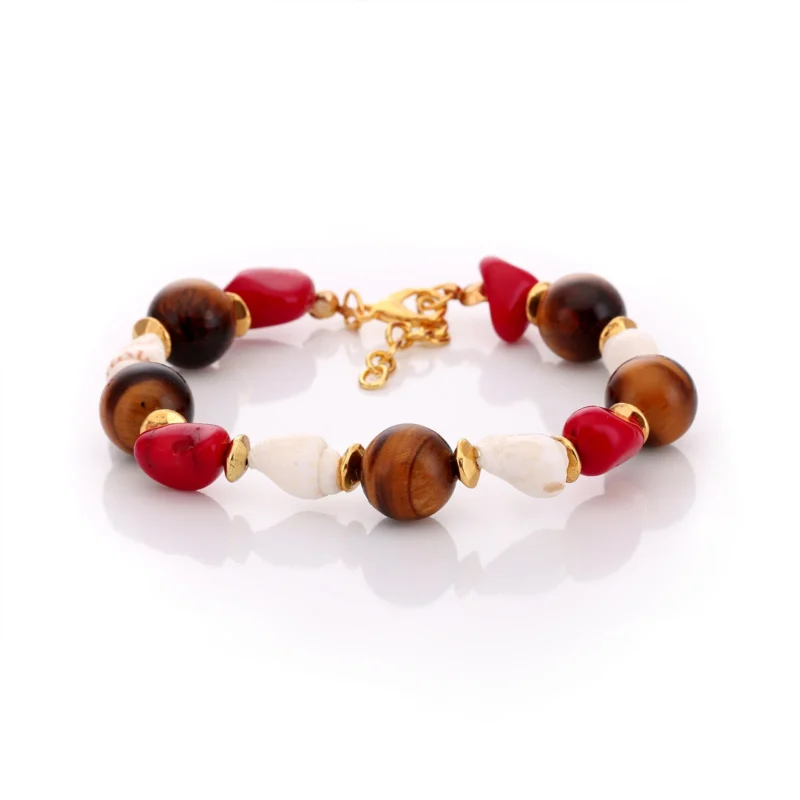 Bracelet en coquillages, corail et œil de tigre