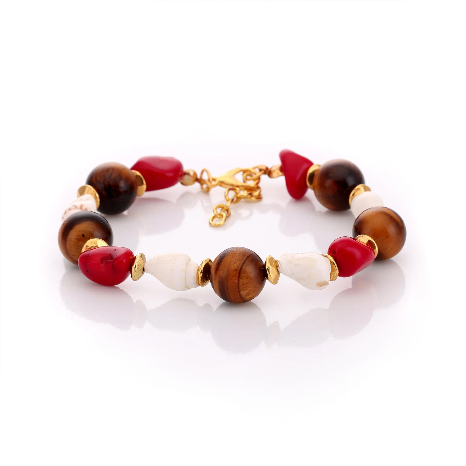 Bracelet en coquillages, corail et œil de tigre