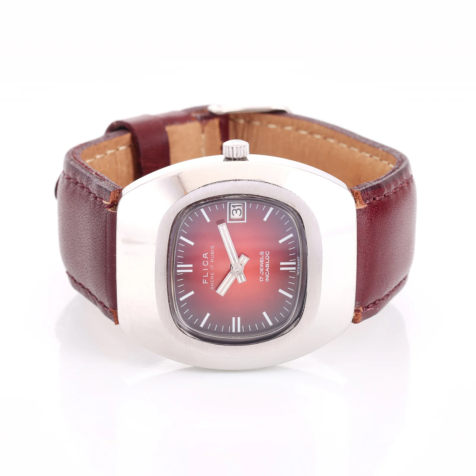Montre Vintage Flica — Ancre 17 Rubis Incabloc, Cadran Rouge
